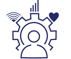 Icon Illustration of a person in front of a cog wheel with a heart, wifi, and graph bars floating overhead.